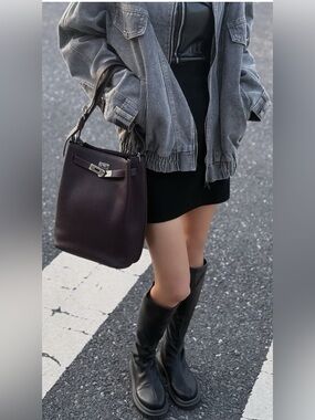 Romytisa -Genuine Leather Silver Turn Lock Bucket Bag & Adjustable Strap - Brown
